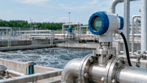 Sensor industrial instalado em tubulação de estação de tratamento de água e efluentes, com tanque de aeração ao fundo.