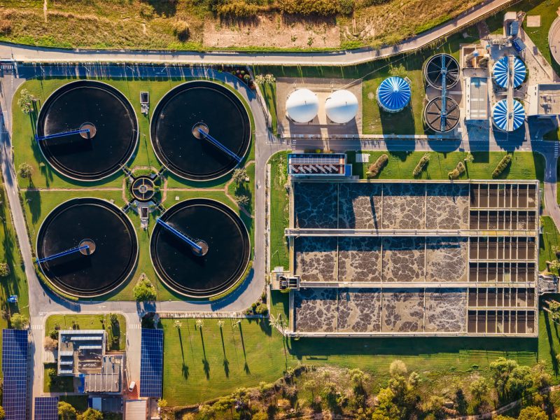 Elevated view of a water purification plant viewed from above. Above view Sewage Treatment Plant for Environment Conservation. Murcia, Spain