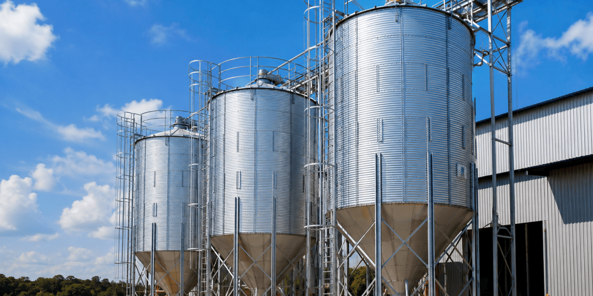 Silo industrial de aço para armazenamento de materiais a granel.