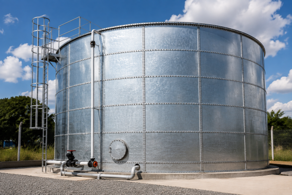 Tanque industrial de aço galvanizado com escada de acesso, tubulações e conexões externas.