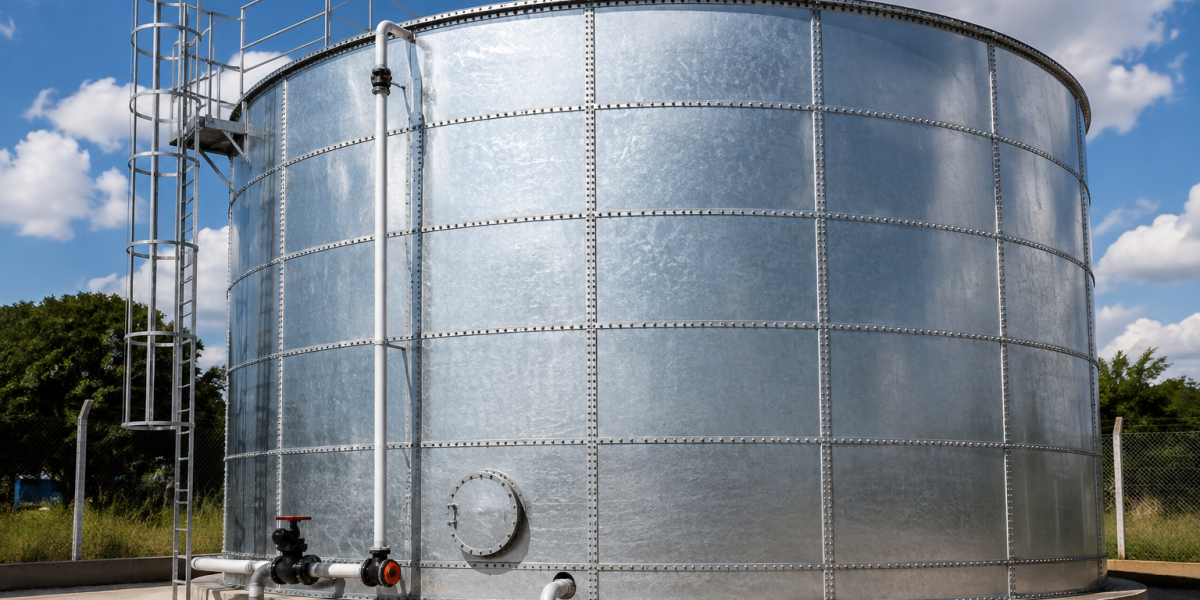 Tanque industrial de aço galvanizado com escada de acesso, tubulações e conexões externas.