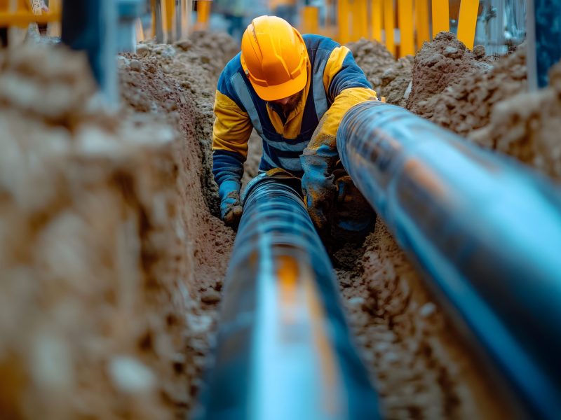 Close-up of a construction worker working on a large plastic pipe for water and gas installation in a trench, at a construction site during landscape development
