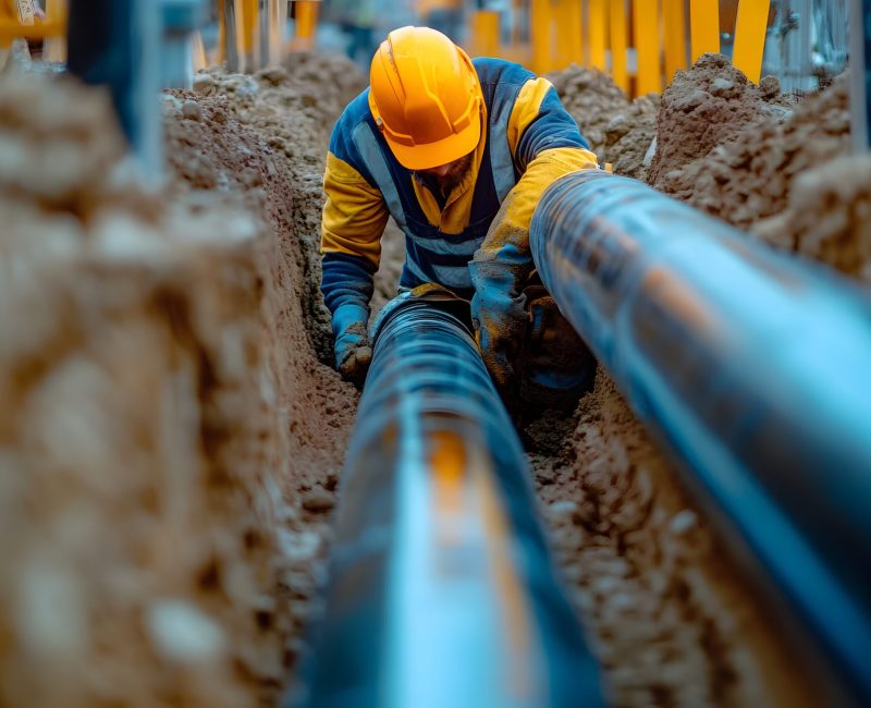 Close-up of a construction worker working on a large plastic pipe for water and gas installation in a trench, at a construction site during landscape development